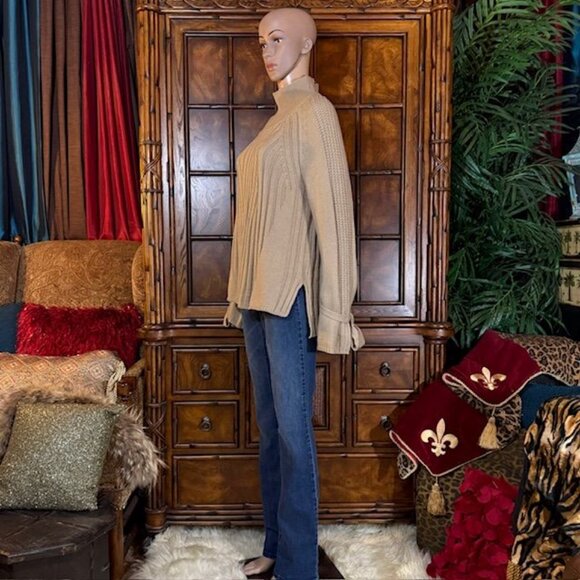 NWOT Bodilove Khaki Tan Cotton Blend Modern Cable Knit Tie Bow Sleeve Sweater - Picture 9 of 16